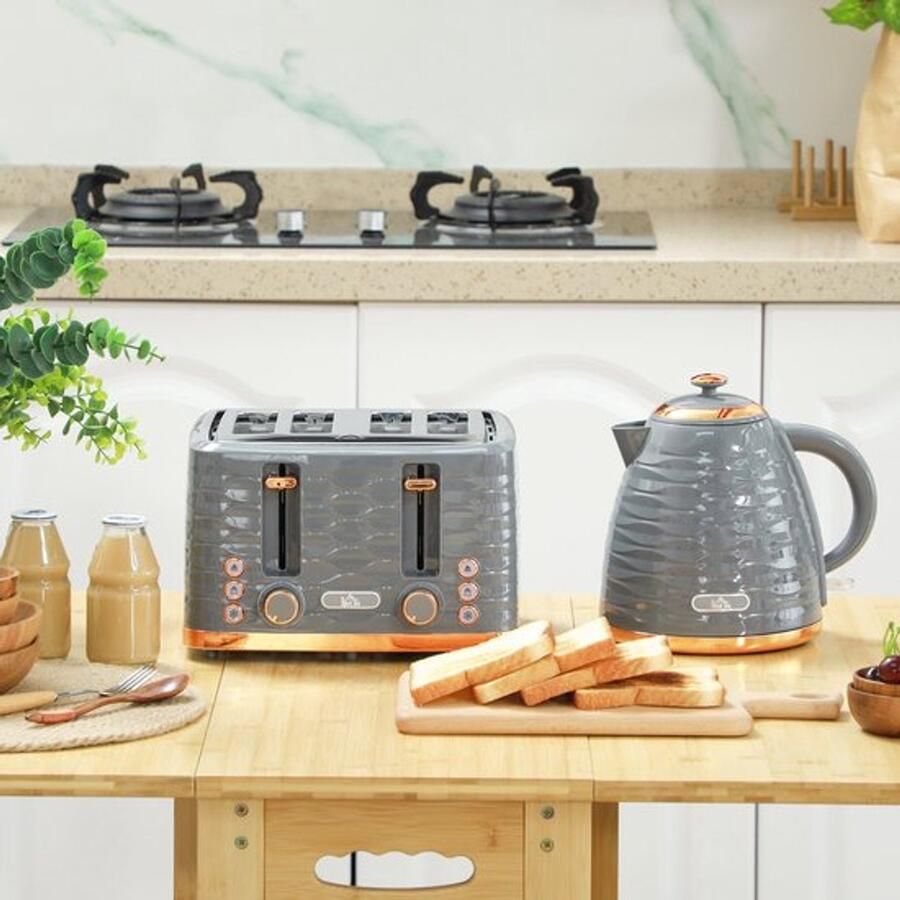 Corenia 2-in-1 Broodrooster en Waterkoker – Toaster – Kettle – Ontdooien – Opwarmen – Grijs – 7 Bruiningsniveaus – Compact Design