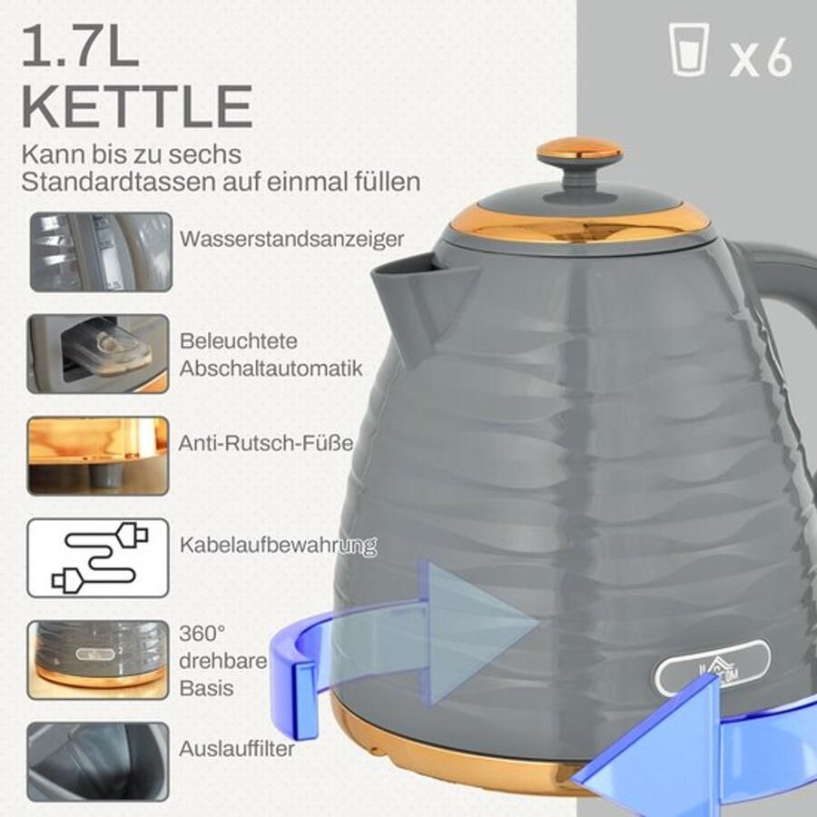 Corenia 2-in-1 Broodrooster en Waterkoker – Toaster – Kettle – Ontdooien – Opwarmen – Grijs – 7 Bruiningsniveaus – Compact Design - Foto 4