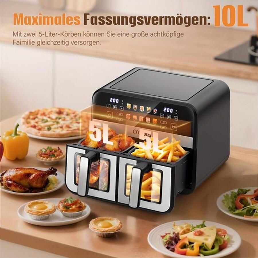 Corenia Airfryer – Friteuse – Heteluchtoven – Heteluchtfriteuse – Oven – 10 5L DualZone Met Dubbele Mand – 2600W Vermogen Met Touchscreen Bediening