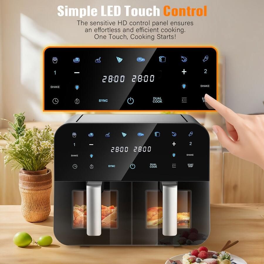 Corenia Airfryer – Heteluchtfriteuse – Digital Airfryer – Dubbele Mand – XL Airfryer – 10L Inhoud – 2400W Vermogen – 2×5L Vaatwasserbestendige Manden