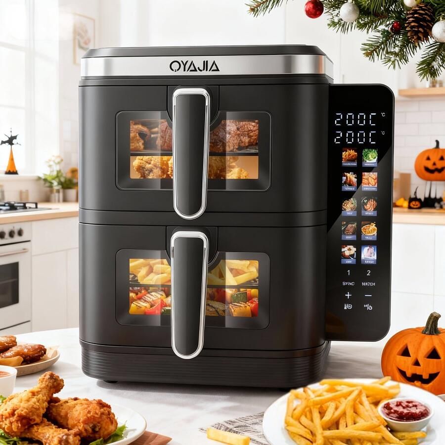 Corenia Airfryer – Heteluchtfriteuse – Dubbele Mand – Dubbele Lade – XXL Heteluchtoven – 11L Capaciteit – Verticaal Stapelbaar – PFAS-vrij – 2800W – 10 Kookprogramma s – Sync & Match Functie