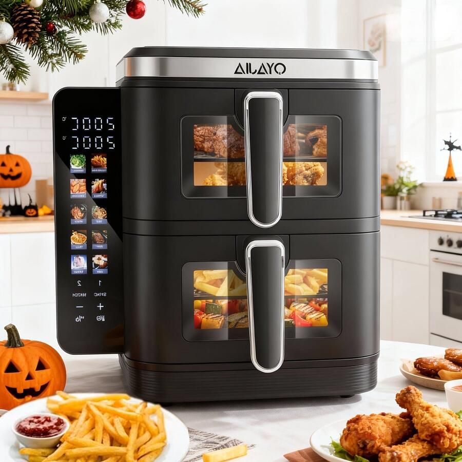 Corenia Airfryer – Heteluchtfriteuse – Dubbele Mand – Dubbele Lade – XXL Heteluchtoven – 11L Capaciteit – Verticaal Stapelbaar – PFAS-vrij – 2800W – 10 Kookprogramma s – Sync & Match Functie