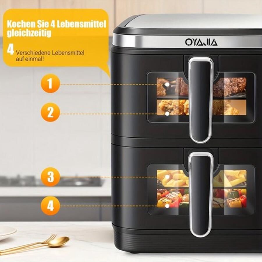 Corenia Airfryer – Heteluchtfriteuse – Dubbele Mand – Dubbele Lade – XXL Heteluchtoven – 11L Capaciteit – Verticaal Stapelbaar – PFAS-vrij – 2800W – 10 Kookprogramma s – Sync & Match Functie