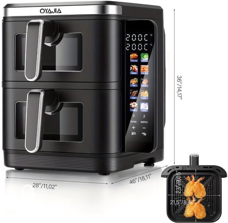 Corenia Airfryer – Heteluchtfriteuse – Dubbele Mand – Dubbele Lade – XXL Heteluchtoven – 11L Capaciteit – Verticaal Stapelbaar – PFAS-vrij – 2800W – 10 Kookprogramma s – Sync & Match Functie - Foto 2