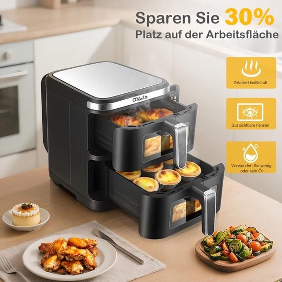 Corenia Airfryer – Heteluchtfriteuse – Dubbele Mand – Dubbele Lade – XXL Heteluchtoven – 11L Capaciteit – Verticaal Stapelbaar – PFAS-vrij – 2800W – 10 Kookprogramma s – Sync & Match Functie