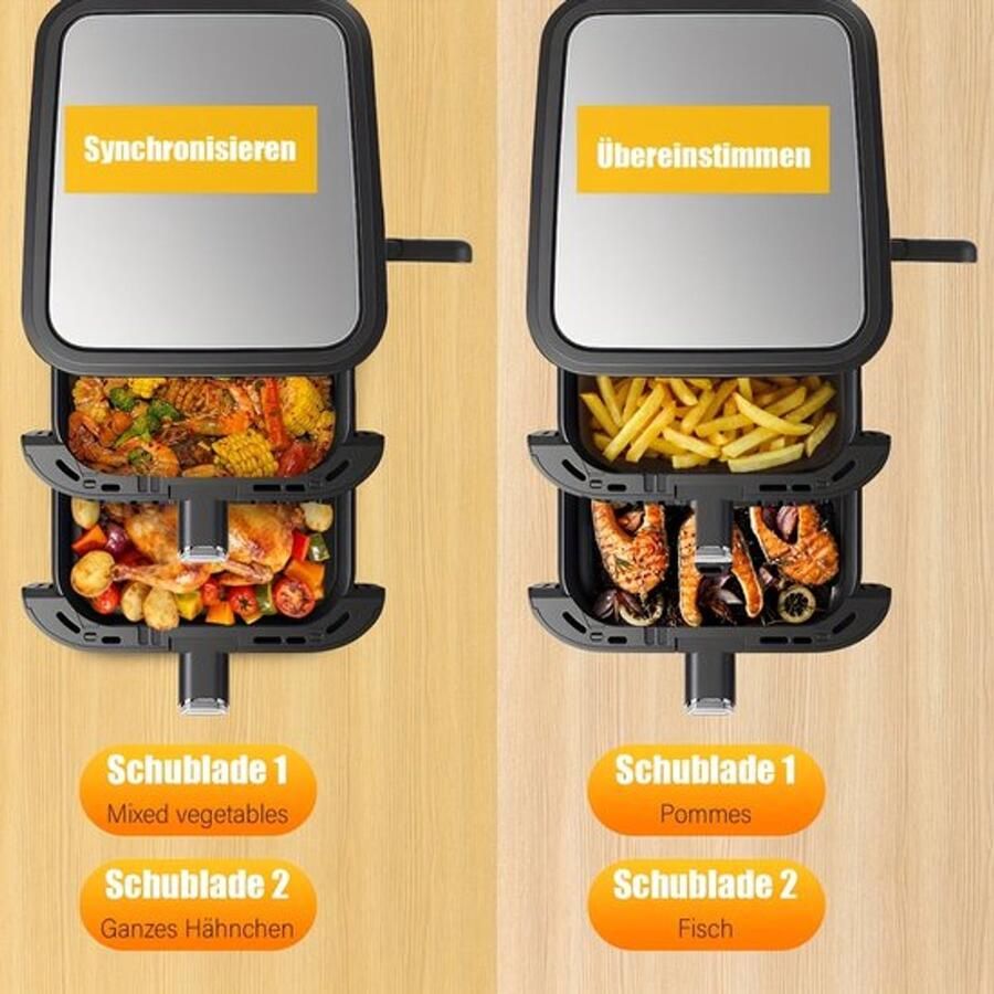 Corenia Airfryer – Heteluchtfriteuse – Dubbele Mand – Dubbele Lade – XXL Heteluchtoven – 11L Capaciteit – Verticaal Stapelbaar – PFAS-vrij – 2800W – 10 Kookprogramma s – Sync & Match Functie - Foto 2