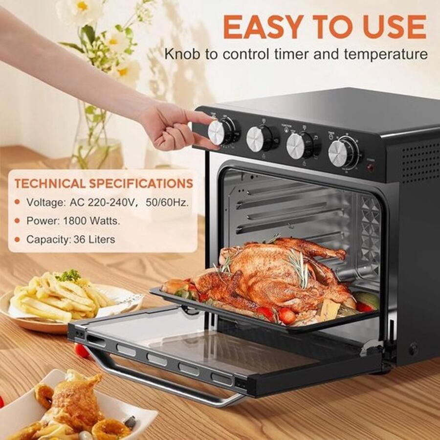 Corenia Airfryer Oven Hetelucht Friteuse Vrijstaande Oven Pizzaoven 36L 2000W 10-in-1 Functies Digitale Timer & Temperatuur Dubbel Glas RVS