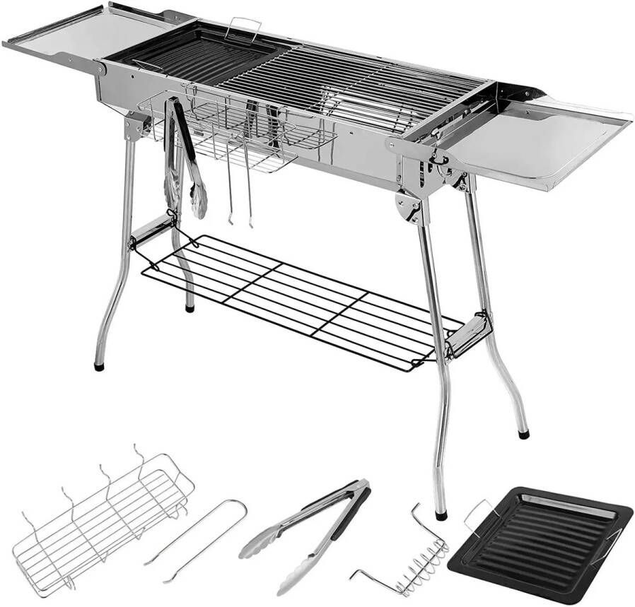 Corenia BBQ Houtskool Grill RVS Barbecue met Dubbele Opklapbare Zijkanten Antiaanbakpan en Verstelbare Ventilatie – Draagbare Camping BBQ Zilver