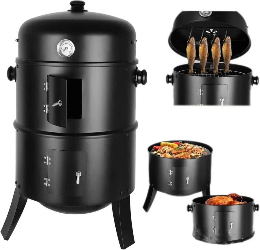 Corenia Bbq Roker Houtskool Grill Stomen 2 Niveaus voor Barbecue 3 in 1 Inclusief Thermometer Buiten Zwart