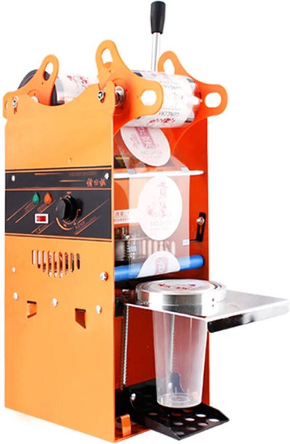 Corenia Bekersluitmachine Handmatige Bekersluitmachine Koolstofstaal en ABS Maximum 500 Kop Uur Voor Drankrestaurants Drankenfabrieken en Melktheewinkels 27x27x65 220V Oranje
