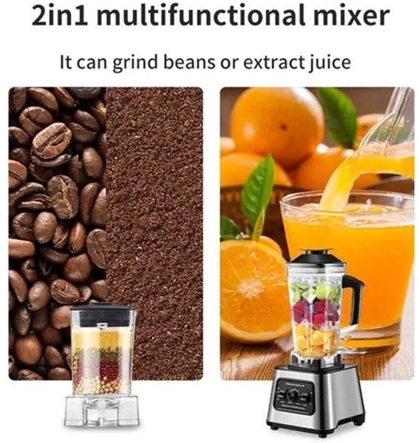 Blender – Smoothiemaker – Powerblender – Keukenmixer – Staande Blender – 6000W Krachtige Motor – Groot 2 5L Inhoud