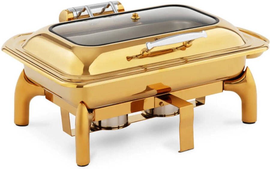 Corenia Buffetwarmer – Food Warmer – Voedselverwarmer – Warmhoudbak – Buffetbak – 9 Liter Inhoud – Gouden Roestvrij Staal Met Glas