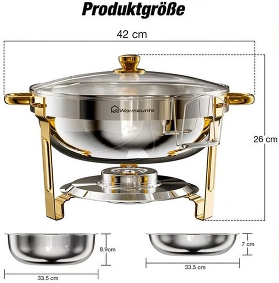 Corenia Chafing Dish – Buffetwarmer – Warmhoudschalen – Warmhoudbakken – Voedselverwarmer – 2-delig Ronde Set – 5 L Inhoud – Glasdeksel Met Houder – Roestvrij Staal 201