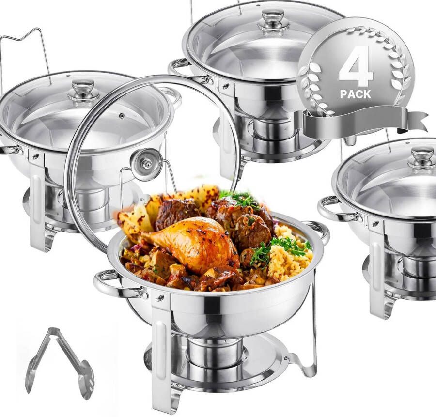 Corenia Chafing Dish Buffetwarmer Set Warmhoudplaat Buffet Warmhoudpannen Rechaud met Glazen Deksel voor Feesten & Banketten Set van 4 Zilver