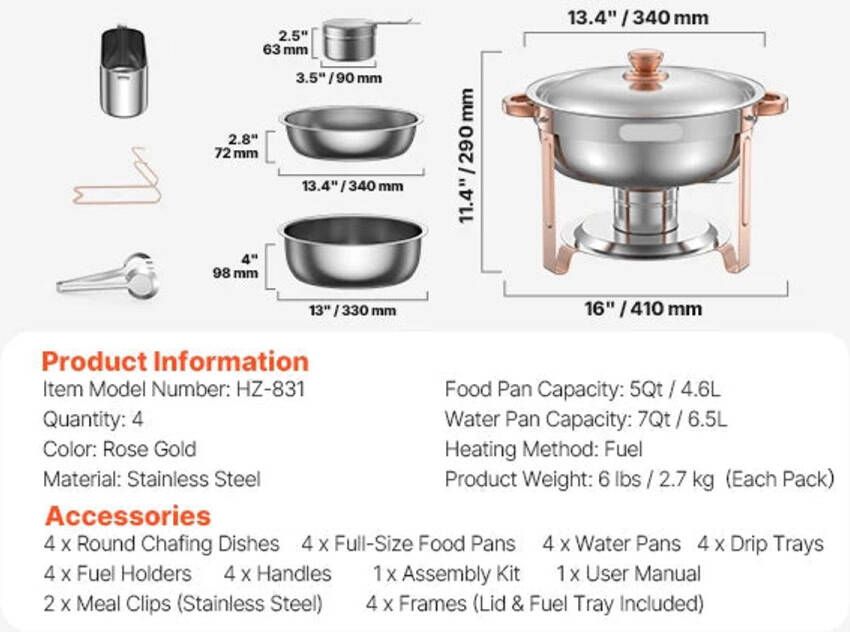 Corenia Chafing Dish Buffetwarmer Set Warmhoudplaat RVS Rechaud Volformaat Buffet Warmhoudpannen voor Feesten & Banketten Set van 4 Roségoud