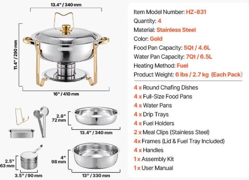 Corenia Chafing Dish Buffetwarmer Set Warmhoudplaat RVS Rechaud Volformaat Buffet Warmhoudpannen voor Feesten & Banketten Set van 4 Goud