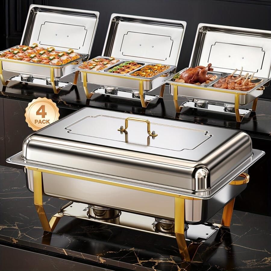 Corenia Chafing Dish – Buffetwarmer – Warmhoudplaat – Warmhoudbak – Rechaud – Roestvrij Staal – 9L Inhoud – Gouden Plating & Opvouwbaar Frame