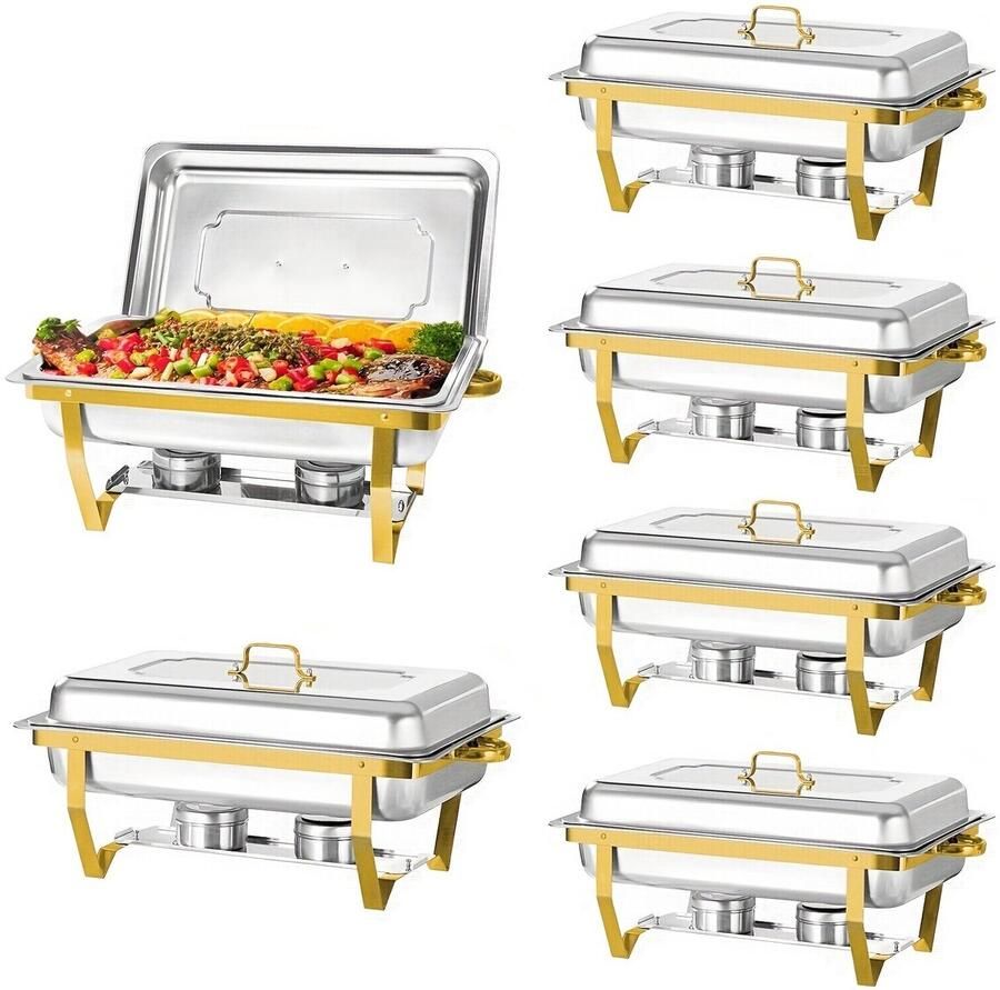 Corenia Chafing Dish – Buffetwarmer – Warmhoudplaat – Warmhoudschaal – Warmhoudbak – 6-delig – Goudkleurig Roestvrij Staal – Rechthoekig