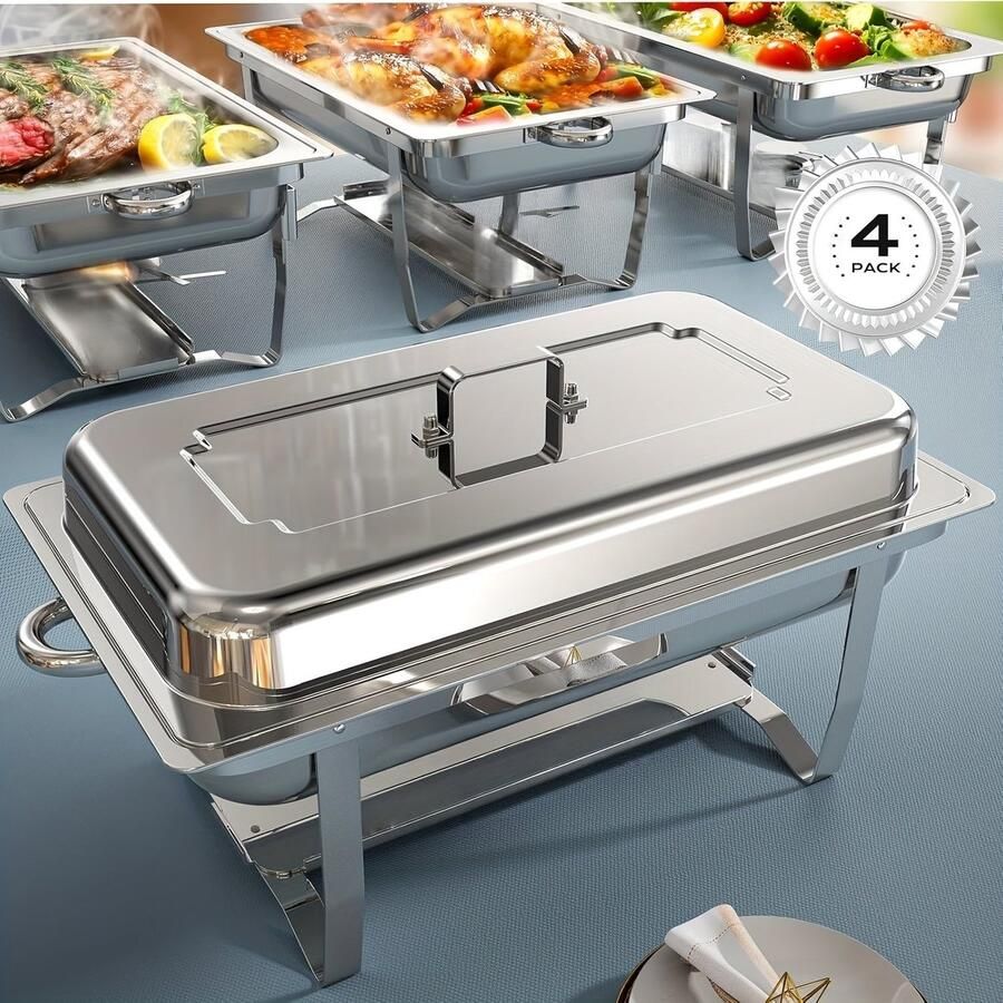 Corenia Chafing Dish – Buffetwarmer – Warmhoudplaat – Warmhoudschaal – Warmhoudbak – Set Van 4 – Roestvrij Staal – 9 Liter Inhoud