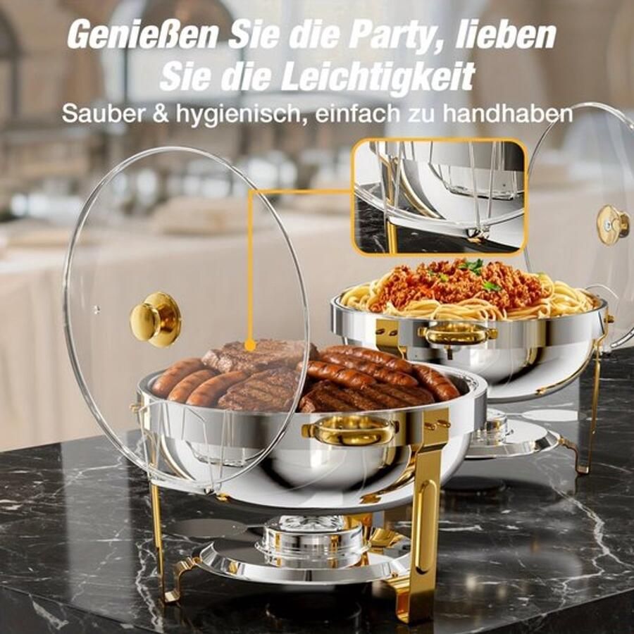 Corenia Chafing Dish – Buffetwarmer – Warmhoudschalen – Warmhoudbakken – Voedselverwarmer – 2-delig Ronde Set – 5 L Inhoud – Glasdeksel Met Houder – Roestvrij Staal 201