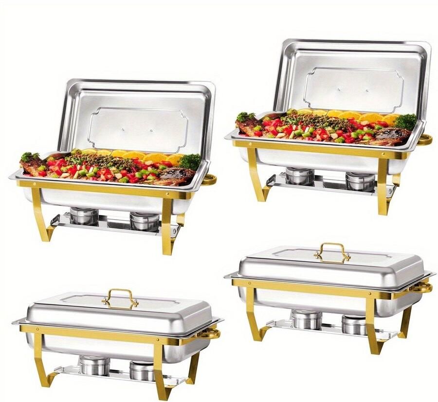 Corenia Chafing Dish Set – Buffet Warmhouder – Food Warmer – Voedselverwarmer – Warmhoudschaal – Roestvrij Staal 410 – Gouden & Zilveren Kleuren – Set Van 4 Stuks