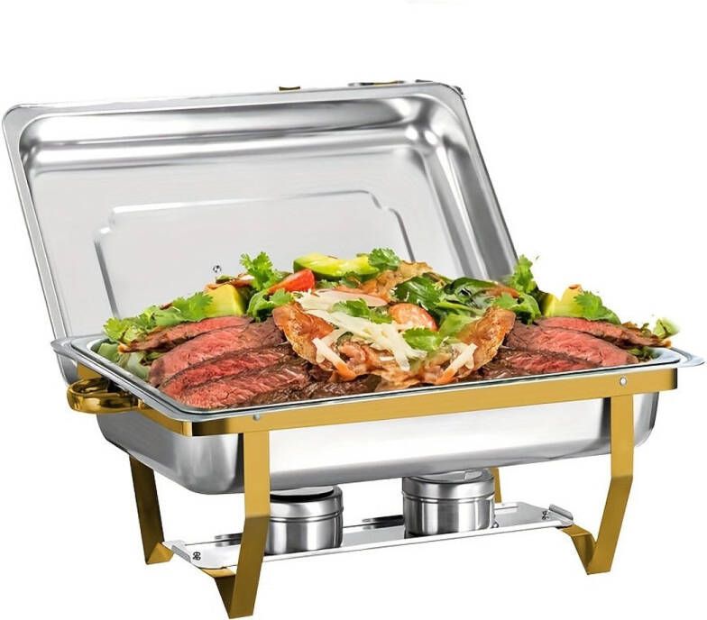 Corenia Chafing Dish Set – Warmhoudbak – Buffetpan – Inductiebak – Serveringspan – 2 Stuks Goud – RVS Voedselveilig – 9 Liter Per Schaal – Geen Stroom Nodig