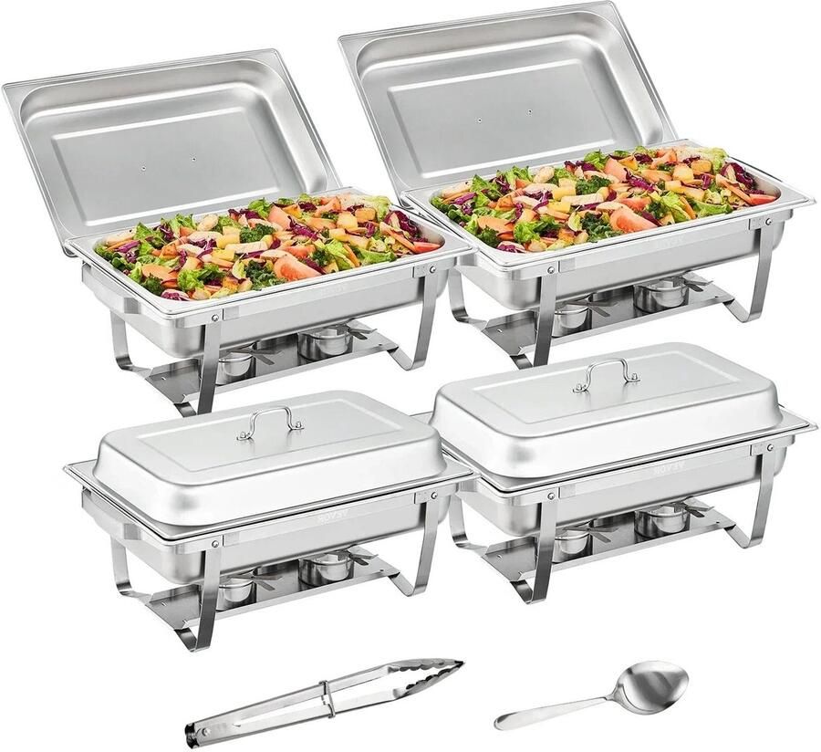 Corenia Chafing Dish Warmhoudplaat Buffetwarmer Set Rechaud Rechthoekige RVS Warmhoudschalen 4 Stuks 8QT met Opvouwbaar Onderstel en Brandstofhouders Zilver
