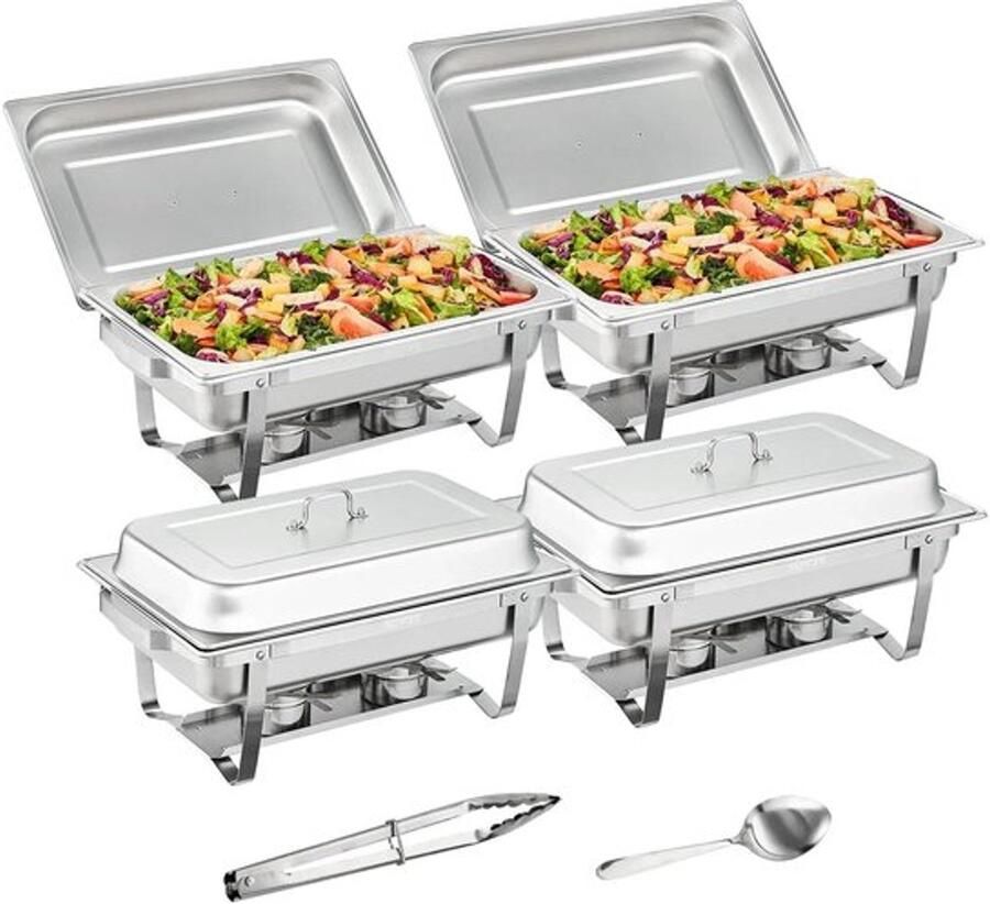 Corenia Chafing Dish Warmhoudplaat Buffetwarmer Set Rechaud Rechthoekige RVS Warmhoudschalen 4 Stuks 8QT met Opvouwbaar Onderstel en Brandstofhouders Zilver