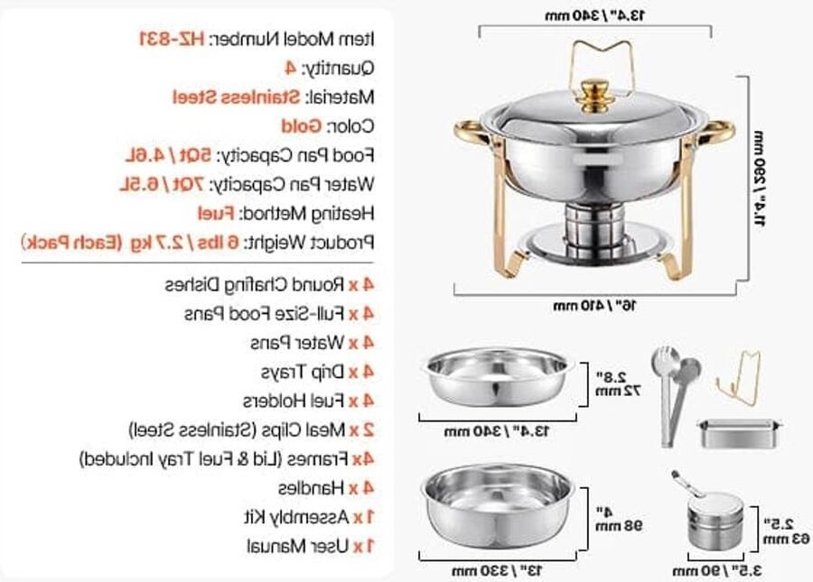 Chafing Dish Warmhoudplaat Buffetwarmer Set Rechaud RVS Volformaat Buffet Warmhoudpannen voor Feesten & Banketten Set van 4 Goud - Foto 3