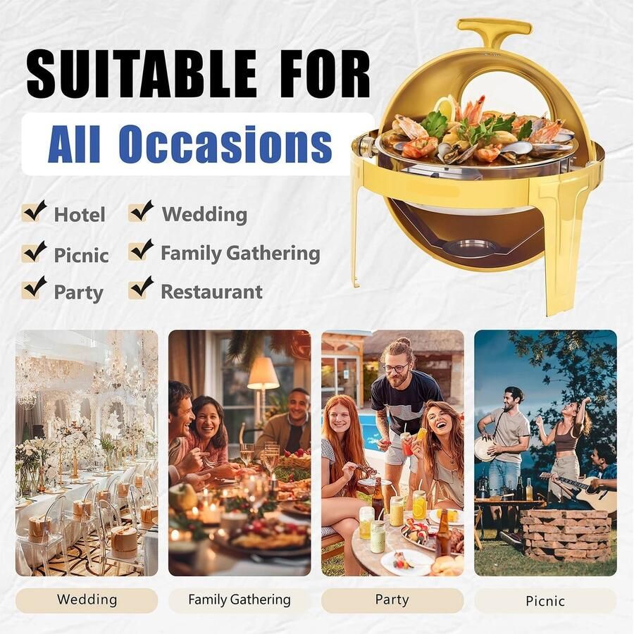 Corenia Chafing Dish Warmhoudplaat Buffetwarmer Warmhoudbakken 6QT Roestvrijstalen Buffet Set Rond Ontwerp – Dik Frame – Geschikt voor Catering Feesten & Bruiloften Goud - Foto 2
