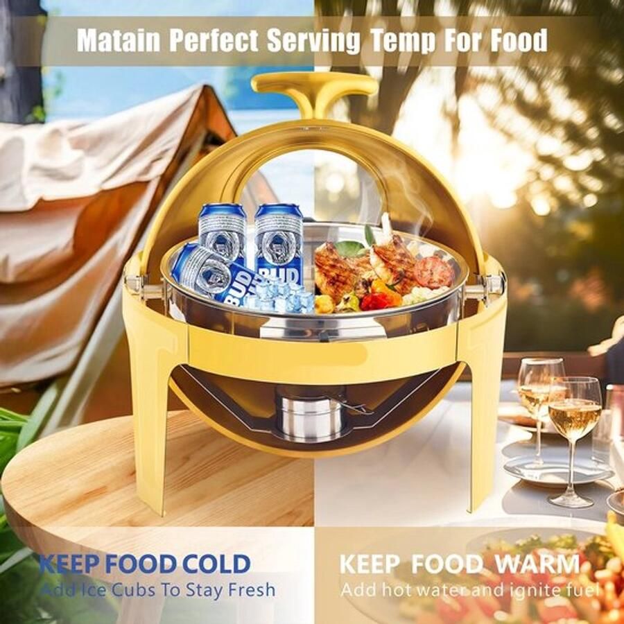 Corenia Chafing Dish Warmhoudplaat Buffetwarmer Warmhoudbakken 6QT Roestvrijstalen Buffet Set Rond Ontwerp – Dik Frame – Geschikt voor Catering Feesten & Bruiloften Goud - Foto 1
