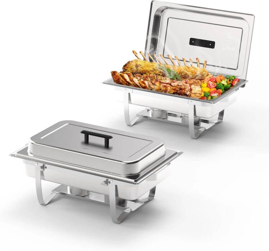Corenia Chafing Dish Warmhoudplaat Buffetwarmer Warmhoudbakken 8QT Roestvrijstalen Buffet Set – Dik Frame 2 Stuks Zilver – Geschikt voor Catering Feesten & Bruiloften