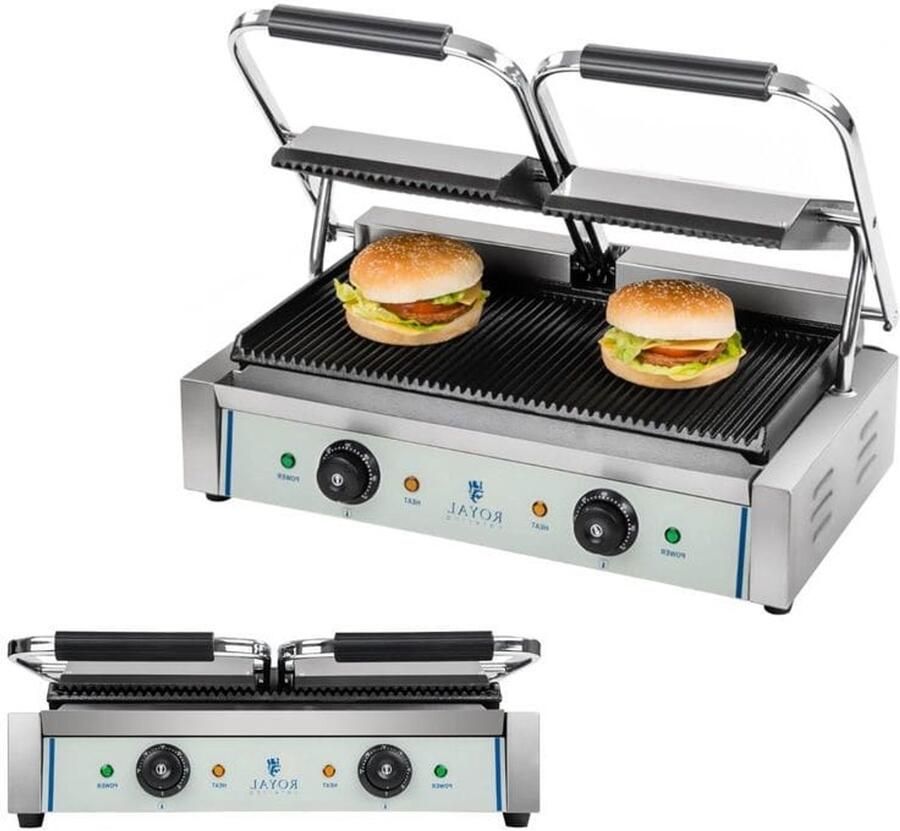 Corenia Contactgrill – Dubbele Grill – Panini Grill – Tosti Apparatuur – Grill Apparaat – Emailleren Gietijzeren Grillplaten – Instelbare Hoogte