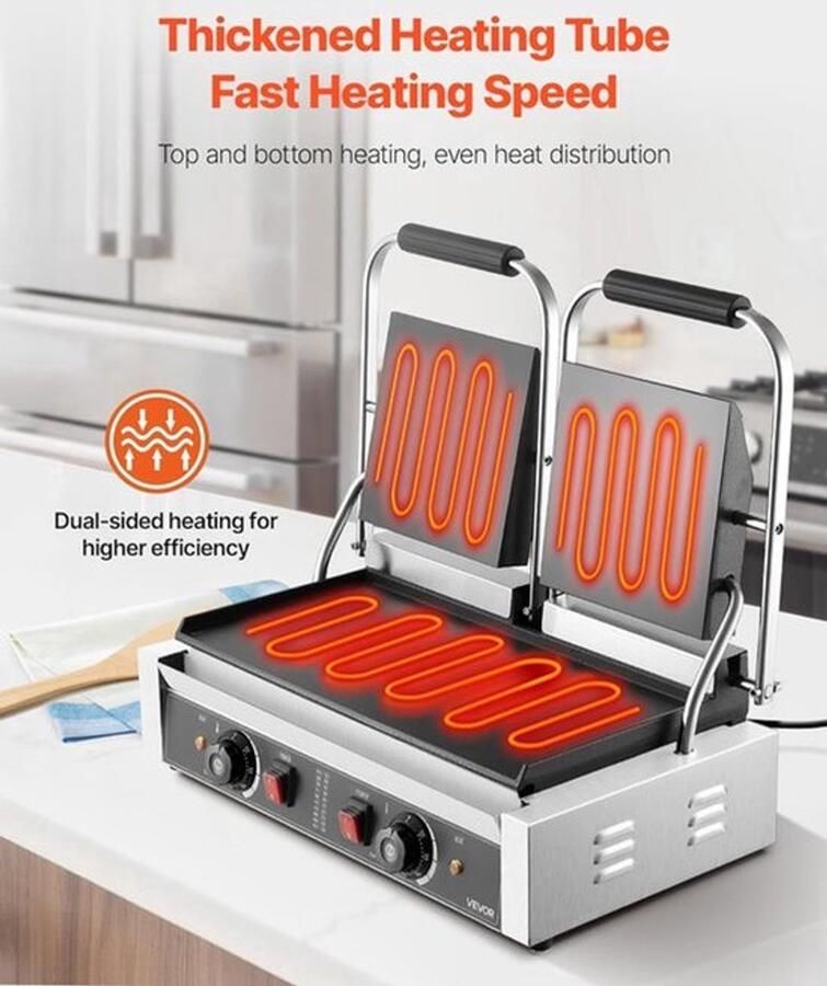 Corenia Contactgrill – Panini Grill – Sandwichmaker – Elektrische Grill – Tosti-Ijzer – RVs Behuizing – 3600W Vermogen – Dubbele 48x23 CM Bakplaten – Instelbare Temperatuur