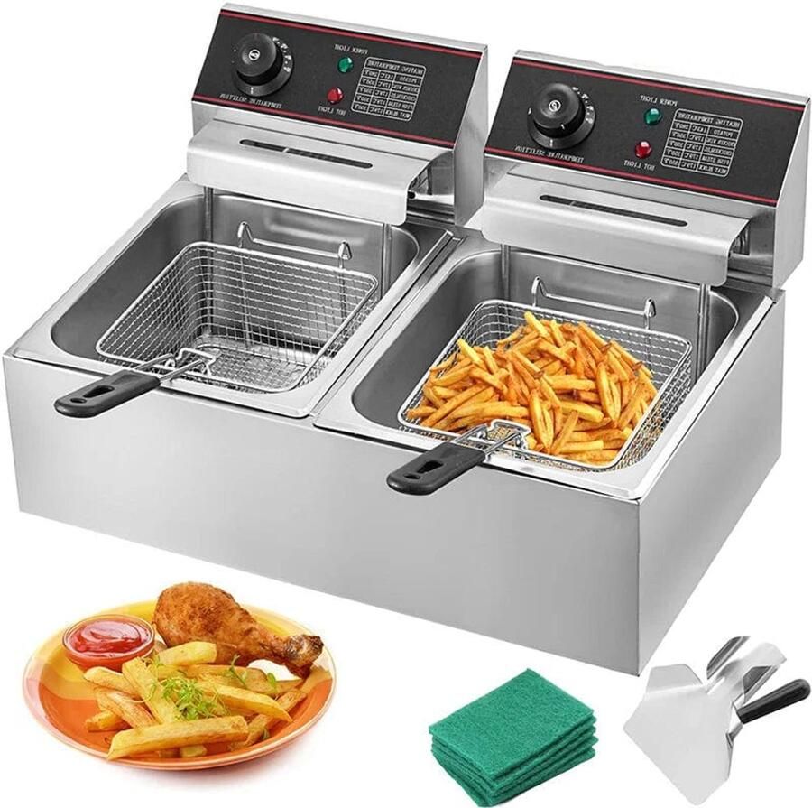 Corenia Dubbele Frituurpan 12L Frituurpan – Elektrische 5000W – RVS – Instelbare Thermostaat – Voor Horeca en Thuisgebruik Krachtig en Snel Opwarmen