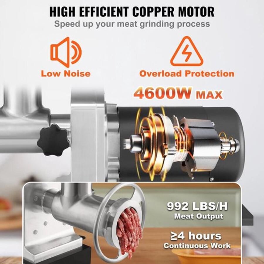 Corenia Elektrische Gehaktmolen Voor Alle Soorten Vlees Roestvrij Staal Vleesmolen 1000-1300W 992 LBS h 2 Messen Vleesmolens Worstenmaker 3 Slijpplaten Koolstofstaal Zilver Zwart