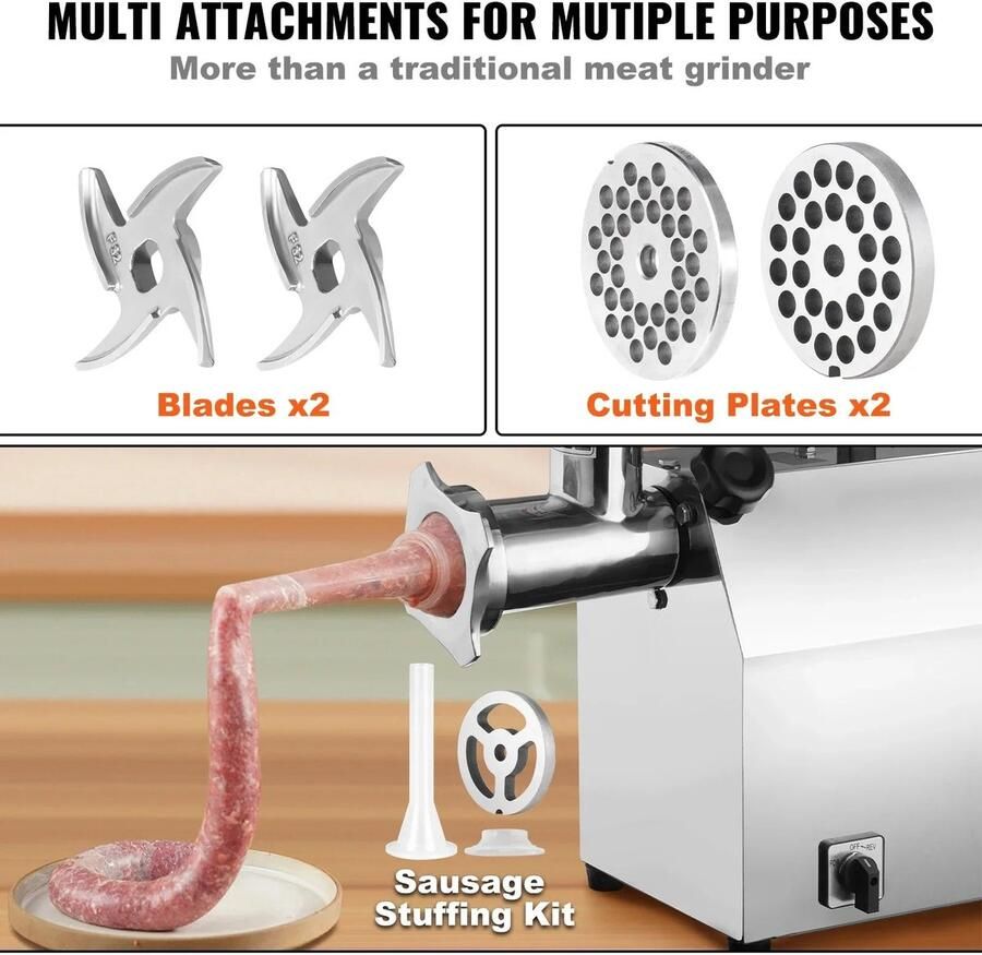 Corenia Elektrische Gehaktmolen Voor alle soorten Vlees Roestvrij staal Vleesmolen Vleesmolens worstenmaker Keukenmolenmachine 650W 498LBS H Zilver