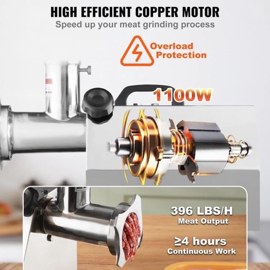 Corenia Elektrische Gehaktmolen Voor alle soorten Vlees Roestvrij staal Vleesmolen worstenmaker 794 Lb H 1100W (6000W max.) 220V 50Hz Vleesmolen met 2 messen Zilver