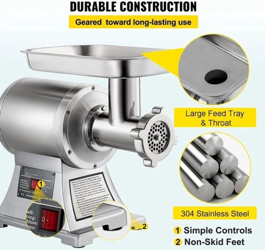 Corenia Elektrische Gehaktmolen Voor Alle Soorten Vlees Vleesmolens Worstenmaker 2 Bladen 1100W 193tpm Keukenmolenmachine Zilver