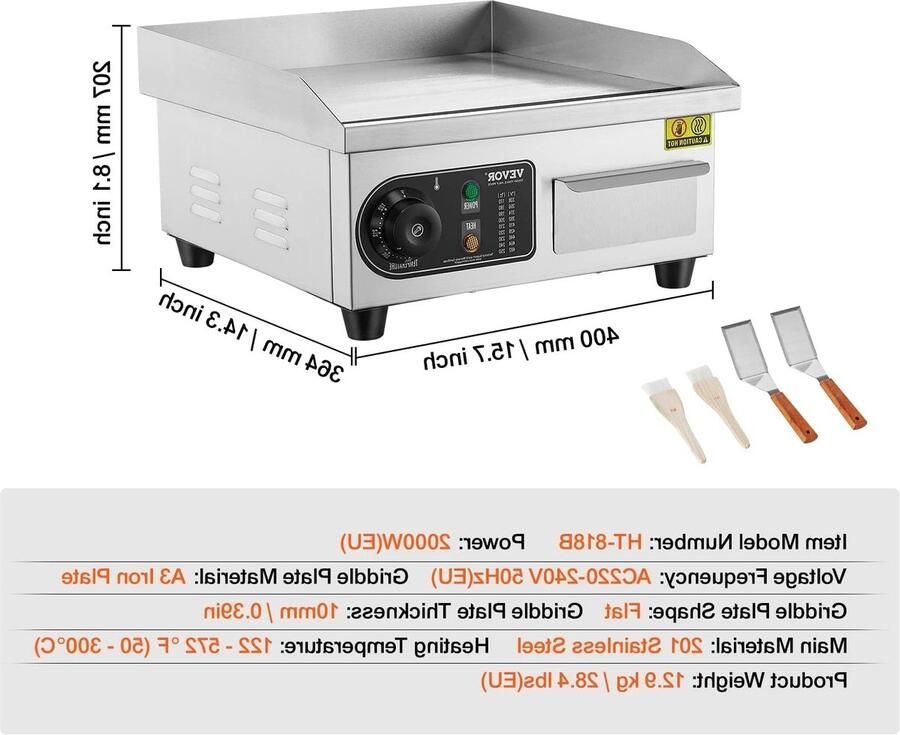 Corenia Elektrische Grillplaat 2000W – Grillplaat Teppanyaki Grill Roestvrij Staal – 50-300°C Temperatuurregeling – 14 inch Voor Horeca -en Thuisgebruik Ruim Bakoppervlak