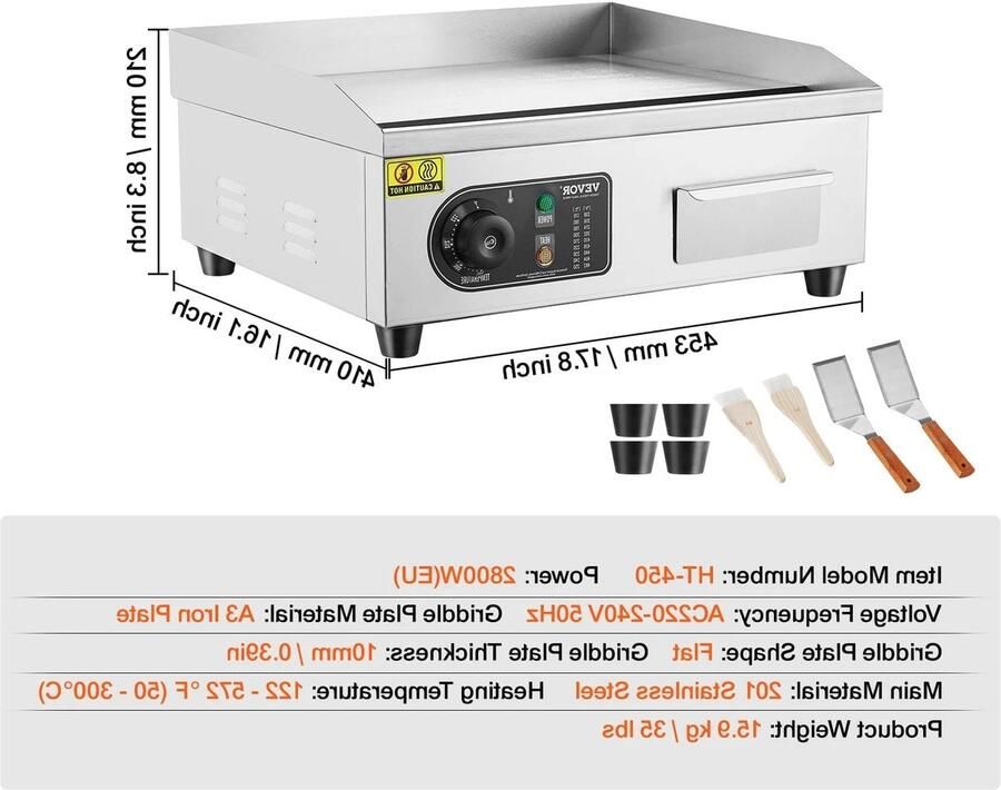 Corenia Elektrische Grillplaat 2800W – Grillplaat Teppanyaki Grill Roestvrij Staal – 50-300°C Temperatuurregeling – 18 inch Voor Horeca en Thuisgebruik Ruim Bakoppervlak
