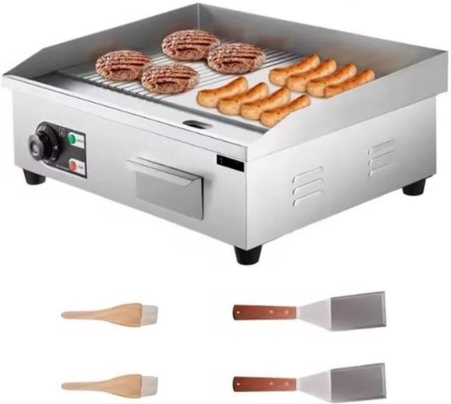 Corenia Elektrische Grillplaat Teppanyaki Grill voor Horeca Thuisgebruik Ruim Bakoppervlak 50-300°C Temperatuurregeling AC 220-240V 50Hz 2000W 14 inch RVS Zilver