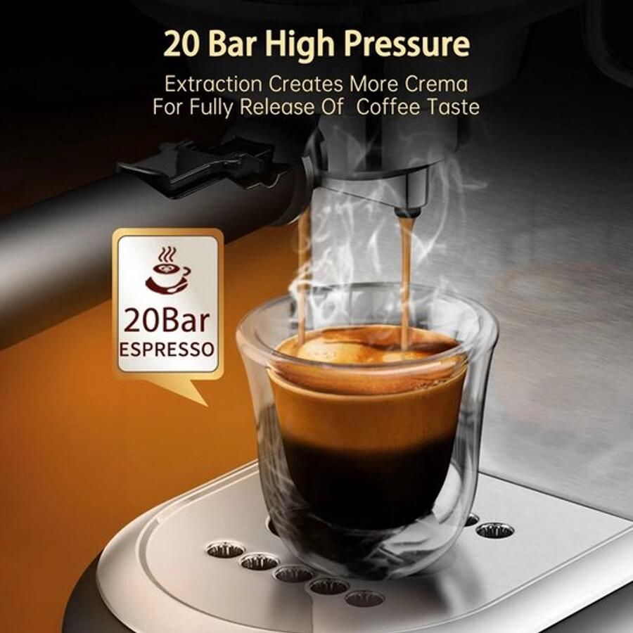 Espressomachine – 20 Bar – Compact Koffiezetapparaat Semi-Automatisch 1.1L 1450W ESE Pads en Gemalen Koffie – RVS Heetwaterfunctie