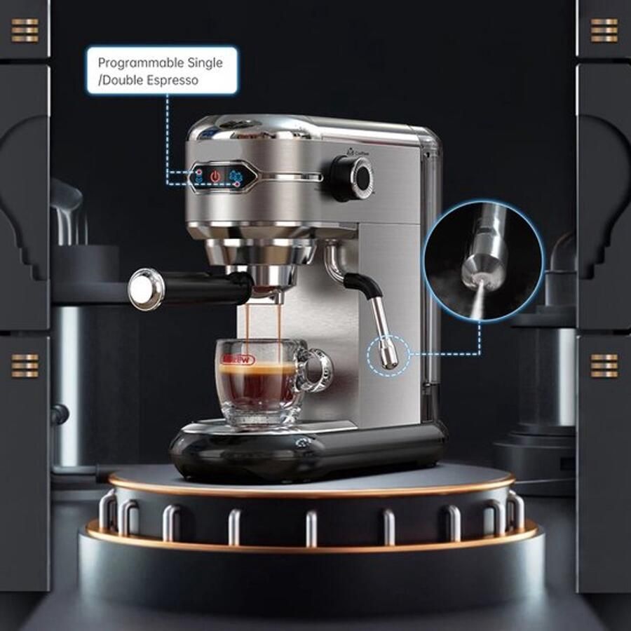 Corenia Espressomachine – 20 Bar – Compact Koffiezetapparaat Semi-Automatisch 1.1L 1450W ESE Pads en Gemalen Koffie – RVS Heetwaterfunctie