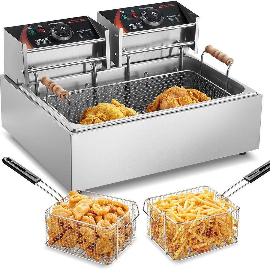 Corenia Friteuse – Frituurpan – Elektrische Friteuse – Dubbele Frituurpan – Koude Zone – 12 Liter Inhoud – 2 Verwarmingselementen