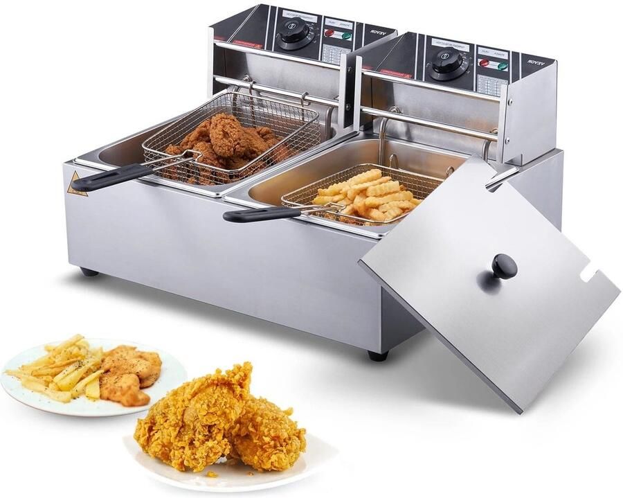 Corenia Frituurpan Dubbele tanks Commerciële Elektrische Frituurpan Geen Timing Roestvrij Staal Frituurpan voor op het Aanrecht voor Gefrituurde kip en Frietjes Geen Filter 3000W Zilver
