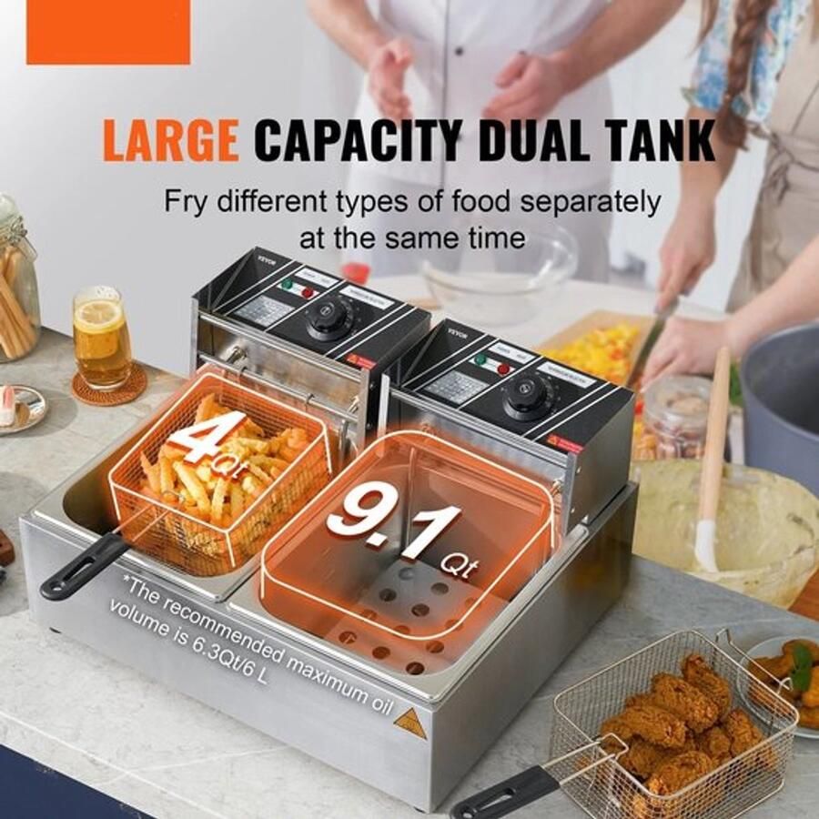 Corenia Frituurpan Dubbele tanks Commerciële Elektrische Frituurpan Geen Timing Roestvrij Staal Frituurpan voor op het Aanrecht voor Gefrituurde kip en Frietjes Geen Filter 3000W Zilver