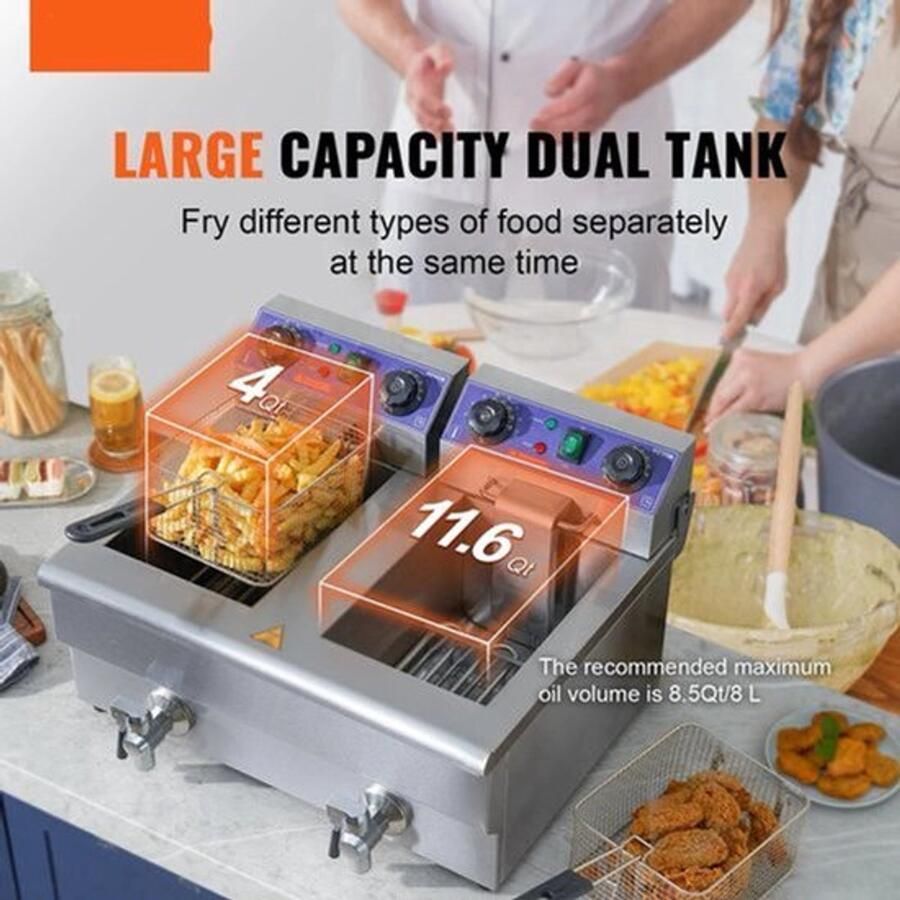 Corenia Frituurpan Dubbele tanks Commerciële Elektrische Frituurpan met Timerfilter Zilver Aanrechtfriteuse voor Gefrituurde kip en Friet 3000W 12L Roestvrij Staal - Foto 2