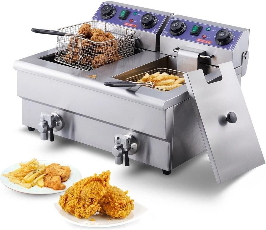 Corenia Frituurpan Dubbele tanks Commerciële elektrische frituurpan Roestvrij staal met timerfilter 3000W Frituurpan voor op het aanrecht voor gefrituurde kip en frietjes Zilver