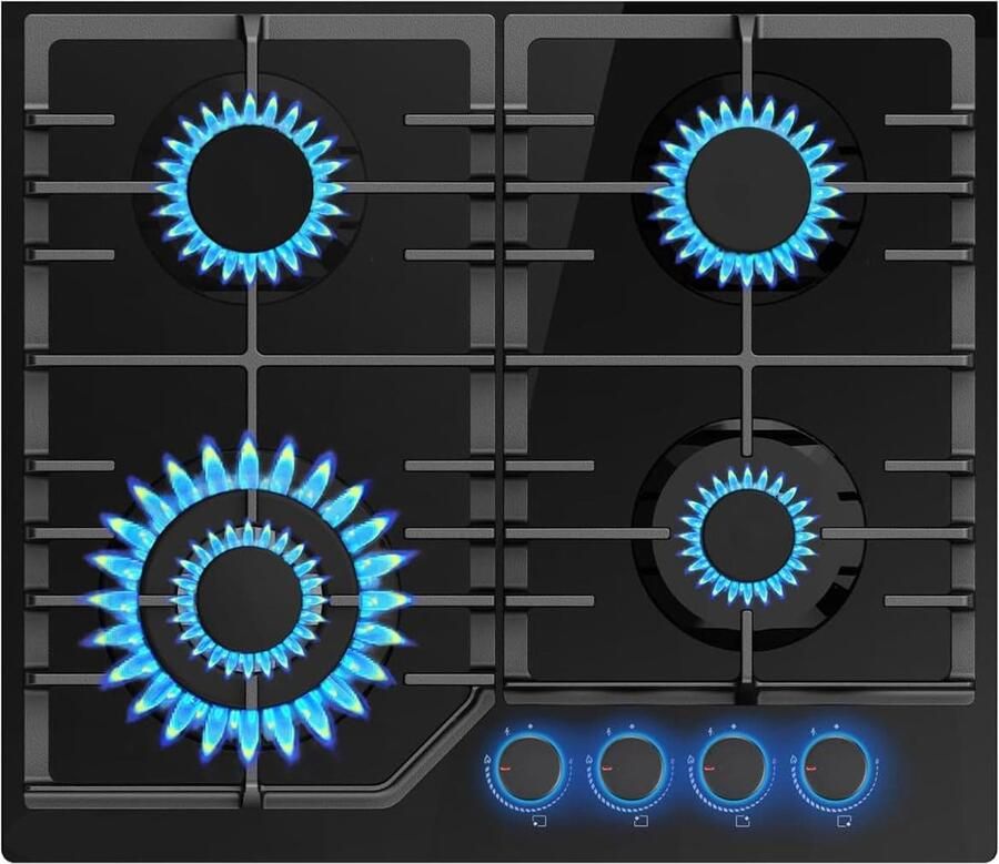 Corenia Gaskookplaat 4 Vlammen – Inbouw Gaskookplaat 60 cm – Gaskookveld 4 Vlammen – Gasfornuis Blauw Verlichte Knoppen – NG LPG Omschakelbaar – Vlamblusbeveiliging – Automatische Ontsteking – 8000 W Vermogen